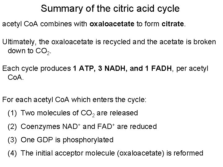 Summary of the citric acid cycle acetyl Co. A combines with oxaloacetate to form