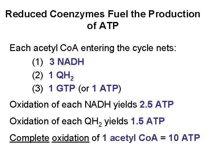 Reduced Coenzymes Fuel the Production of ATP Each acetyl Co. A entering the cycle