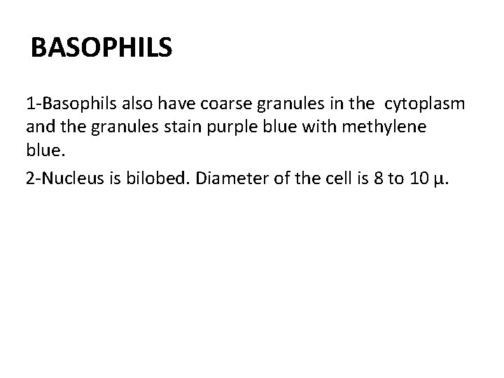 BASOPHILS 1 -Basophils also have coarse granules in the cytoplasm and the granules stain