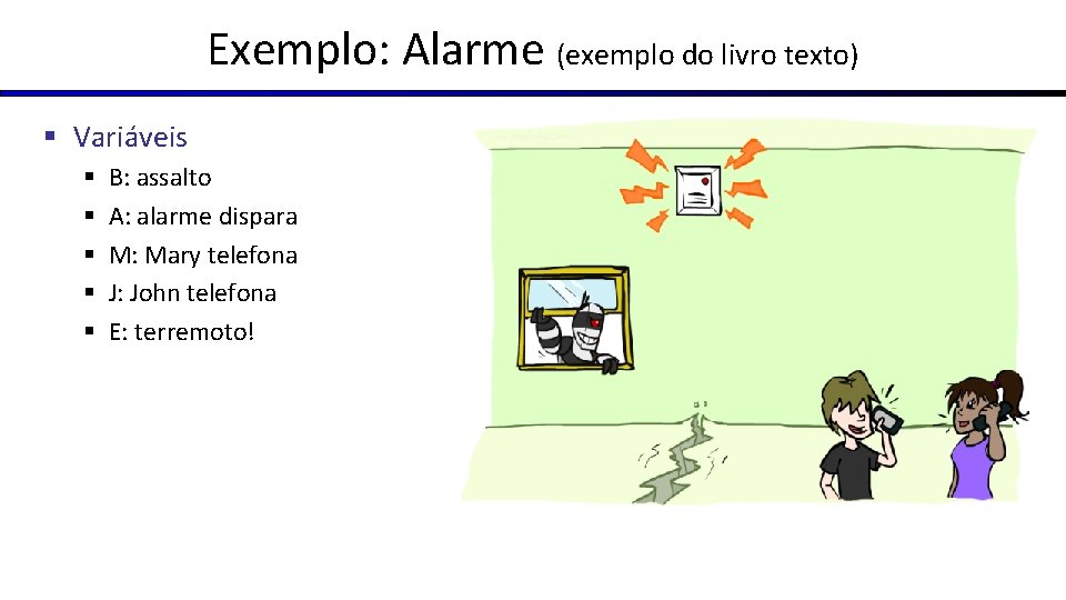 Exemplo: Alarme (exemplo do livro texto) § Variáveis § § § B: assalto A: