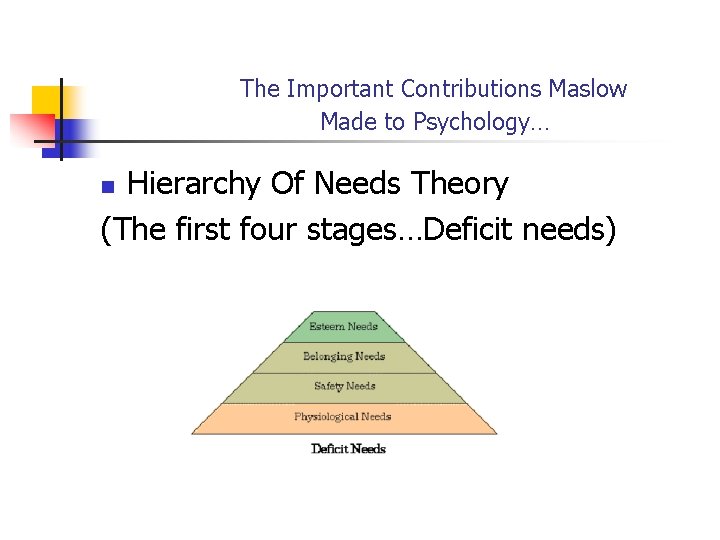 The Important Contributions Maslow Made to Psychology… Hierarchy Of Needs Theory (The first four