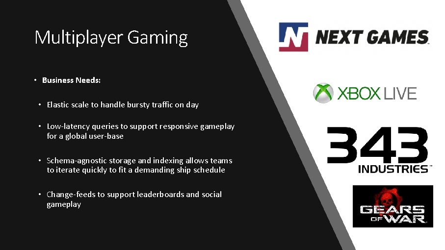 Multiplayer Gaming • Business Needs: • Elastic scale to handle bursty traffic on day