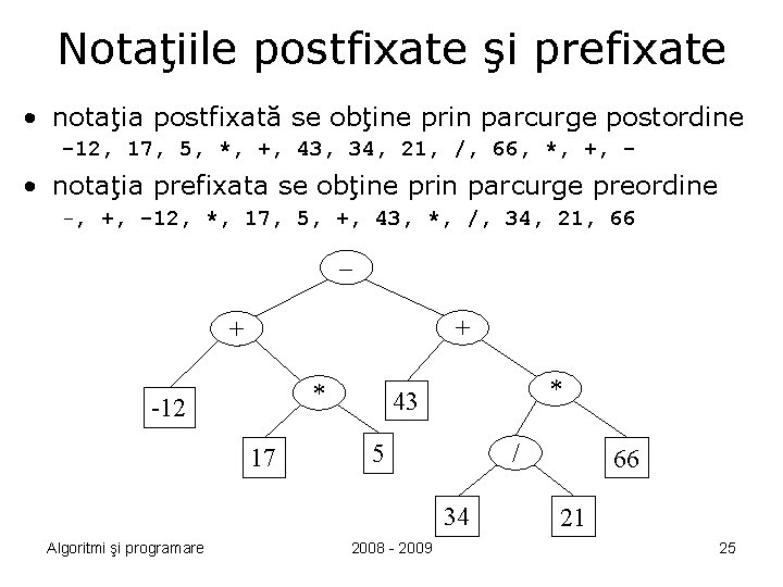 Notaţiile postfixate şi prefixate • notaţia postfixată se obţine prin parcurge postordine -12, 17,