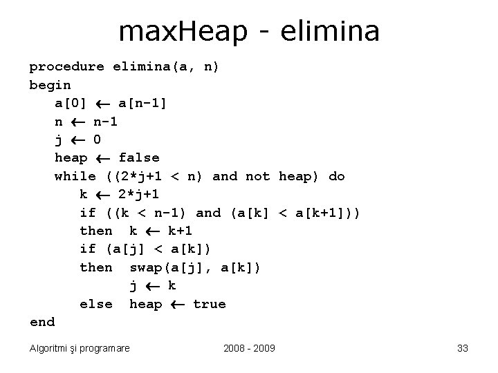 max. Heap - elimina procedure elimina(a, n) begin a[0] a[n-1] n n-1 j 0