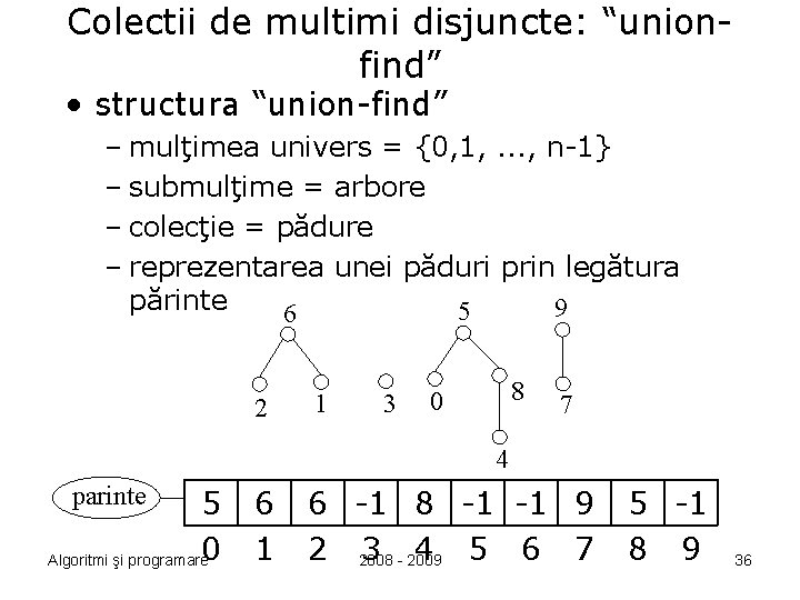 Colectii de multimi disjuncte: “unionfind” • structura “union-find” – mulţimea univers = {0, 1,