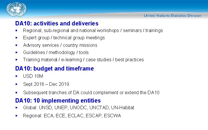 DA 10: activities and deliveries § Regional, sub-regional and national workshops / seminars /