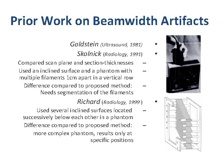 Prior Work on Beamwidth Artifacts Goldstein (Ultrasound, 1981) Skolnick (Radiology, 1991) Compared scan plane