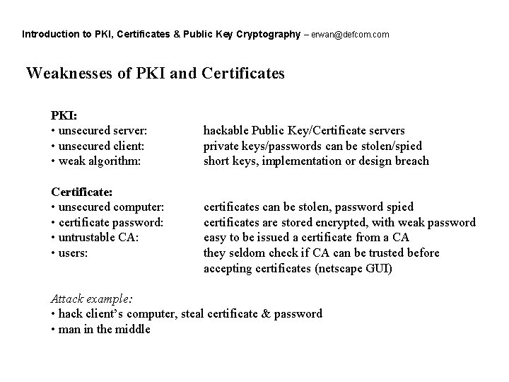 Introduction to PKI, Certificates & Public Key Cryptography – erwan@defcom. com Weaknesses of PKI