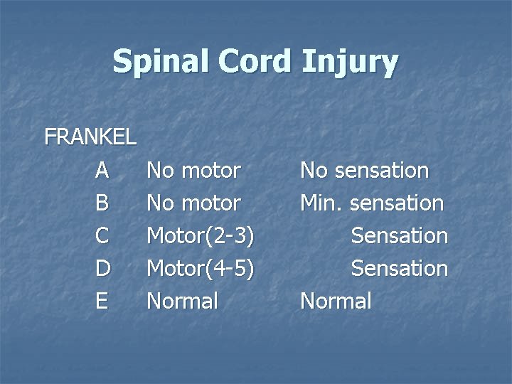 Spinal Cord Injury FRANKEL A B C D E No motor Motor(2 -3) Motor(4