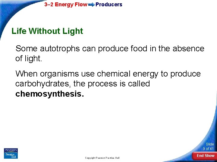 3– 2 Energy Flow Producers Life Without Light Some autotrophs can produce food in