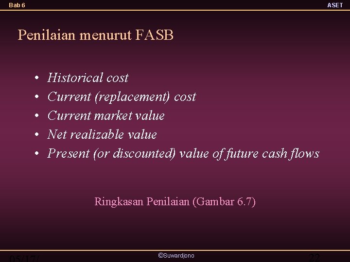 Bab 6 ASET Penilaian menurut FASB • • • Historical cost Current (replacement) cost