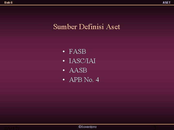 Bab 6 ASET Sumber Definisi Aset • • FASB IASC/IAI AASB APB No. 4