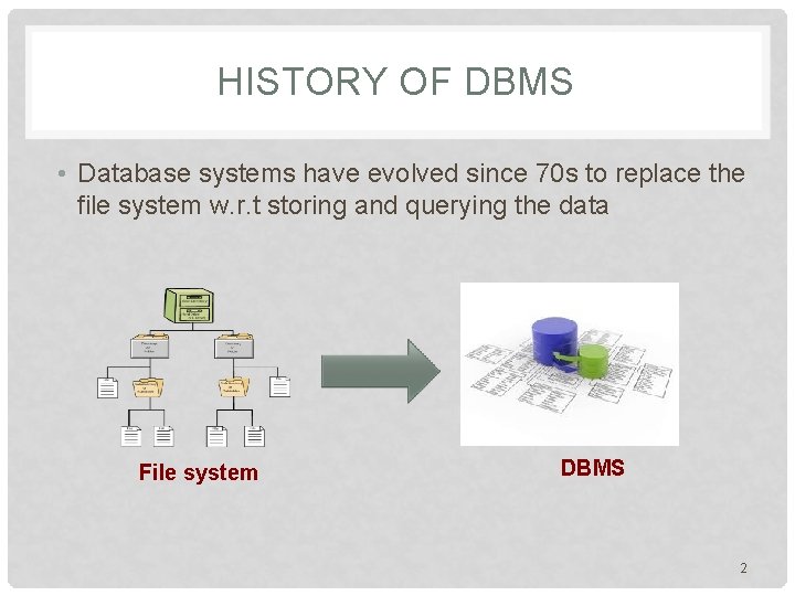 HISTORY OF DBMS • Database systems have evolved since 70 s to replace the HISTORY OF DBMS • Database systems have evolved since 70 s to replace the