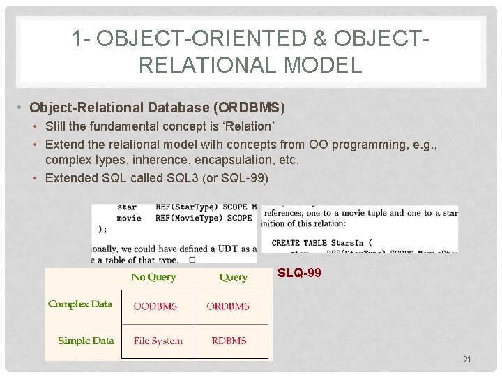 1 - OBJECT-ORIENTED & OBJECTRELATIONAL MODEL • Object-Relational Database (ORDBMS) • Still the fundamental 1 - OBJECT-ORIENTED & OBJECTRELATIONAL MODEL • Object-Relational Database (ORDBMS) • Still the fundamental