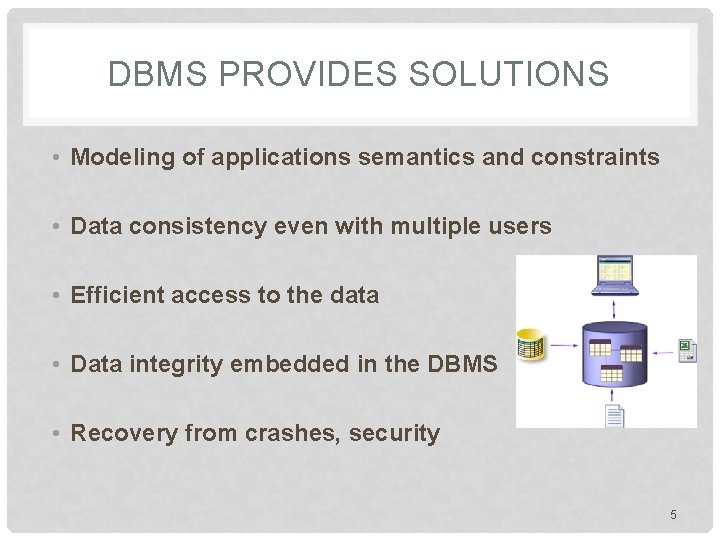 DBMS PROVIDES SOLUTIONS • Modeling of applications semantics and constraints • Data consistency even DBMS PROVIDES SOLUTIONS • Modeling of applications semantics and constraints • Data consistency even