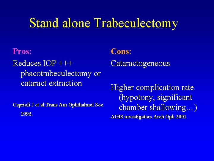 Stand alone Trabeculectomy Pros: Reduces IOP +++ phacotrabeculectomy or cataract extraction Caprioli J et