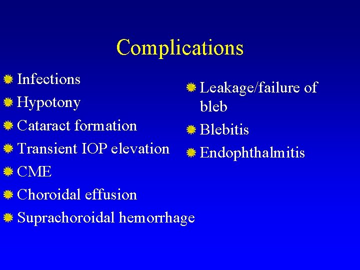 Complications Infections Hypotony Cataract formation Transient IOP elevation CME Choroidal effusion Suprachoroidal hemorrhage Leakage/failure