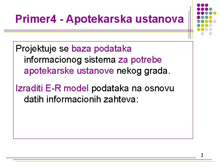 Primer 4 - Apotekarska ustanova Projektuje se baza podataka informacionog sistema za potrebe apotekarske