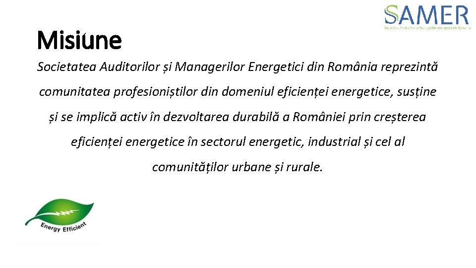 Misiune Societatea Auditorilor și Managerilor Energetici din România reprezintă comunitatea profesioniștilor din domeniul eficienței