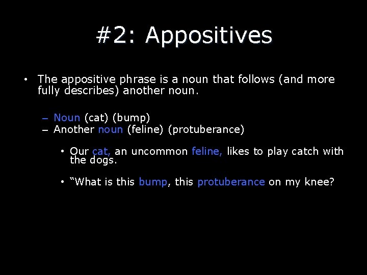 #2: Appositives • The appositive phrase is a noun that follows (and more fully