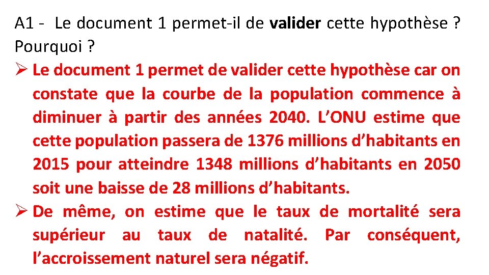 A 1 - Le document 1 permet-il de valider cette hypothèse ? Pourquoi ?
