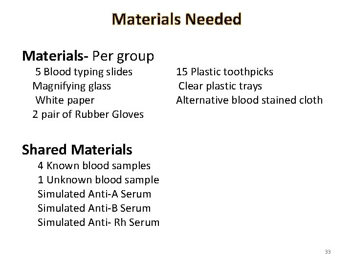 Materials Needed Materials- Per group 5 Blood typing slides Magnifying glass White paper 2