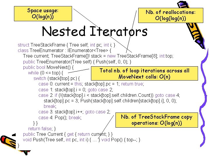 Space usage: O(log(n)) Nb. of reallocations: O(log(n)) Nested Iterators struct Tree. Stack. Frame {