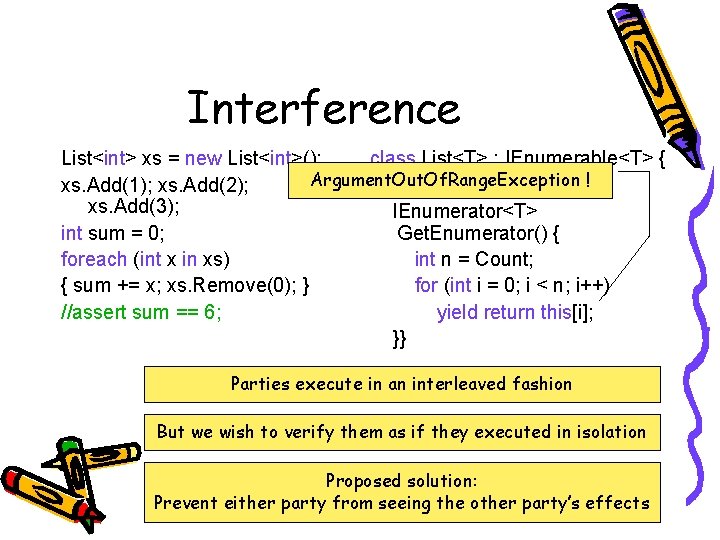 Interference List<int> xs = new List<int>(); class List<T> : IEnumerable<T> { Argument. Out. Of.