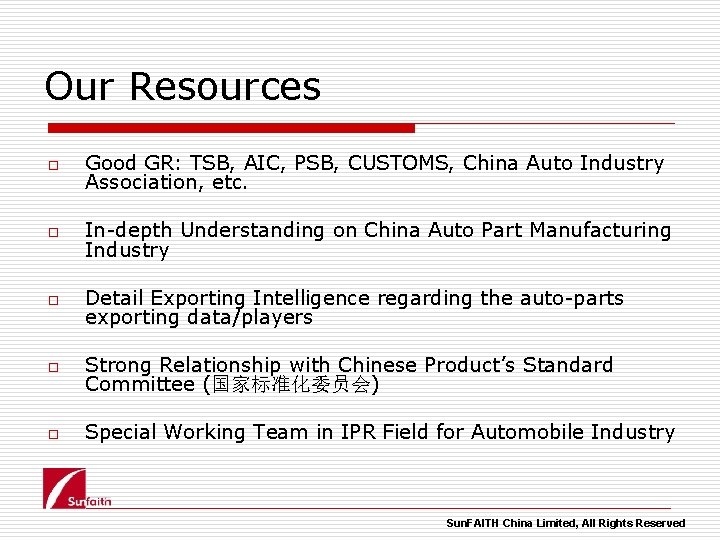 Our Resources o Good GR: TSB, AIC, PSB, CUSTOMS, China Auto Industry Association, etc.