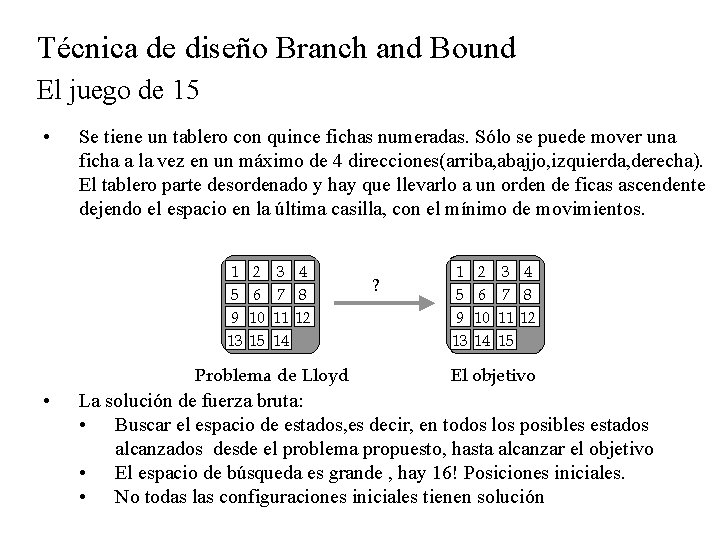 Técnica de diseño Branch and Bound El juego de 15 • Se tiene un