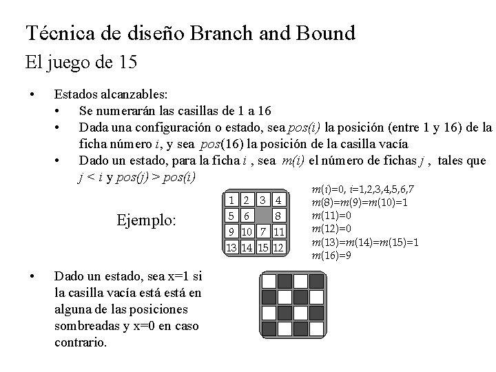 Técnica de diseño Branch and Bound El juego de 15 • Estados alcanzables: •