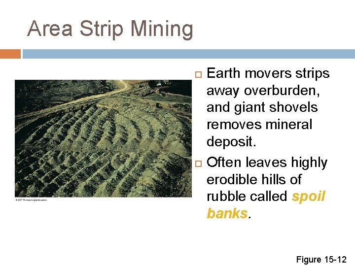 Area Strip Mining Earth movers strips away overburden, and giant shovels removes mineral deposit.