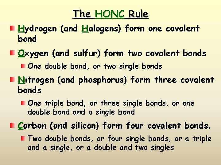 The HONC Rule Hydrogen (and Halogens) form one covalent bond Oxygen (and sulfur) form