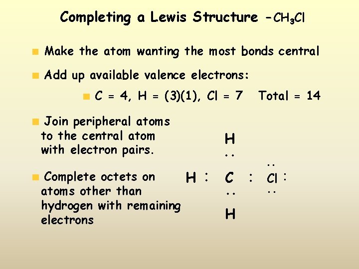 Completing a Lewis Structure -CH 3 Cl Make the atom wanting the most bonds