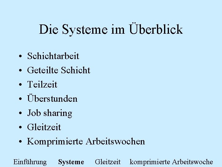 Die Systeme im Überblick • • Schichtarbeit Geteilte Schicht Teilzeit Überstunden Job sharing Gleitzeit