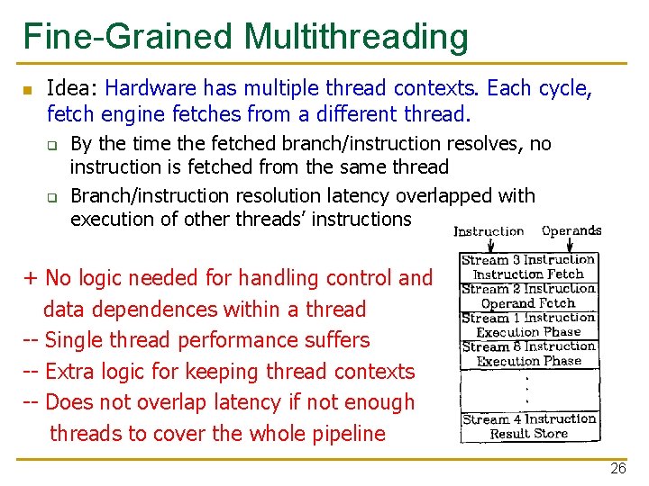 Fine-Grained Multithreading n Idea: Hardware has multiple thread contexts. Each cycle, fetch engine fetches