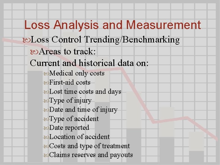 Loss Analysis and Measurement Loss Control Trending/Benchmarking Areas to track: Current and historical data