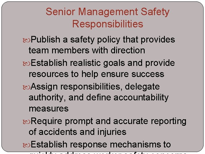 Senior Management Safety Responsibilities Publish a safety policy that provides team members with direction