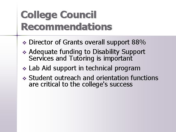 College Council Recommendations Director of Grants overall support 88% v Adequate funding to Disability