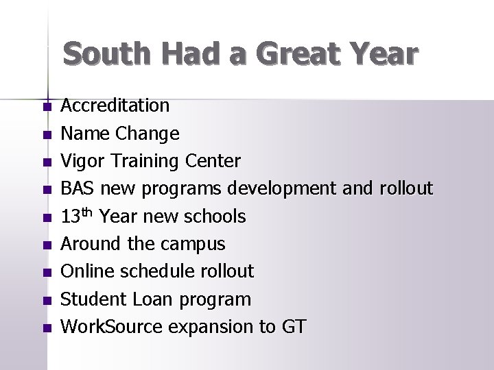 South Had a Great Year n n n n n Accreditation Name Change Vigor