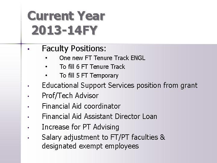 Current Year 2013 -14 FY • Faculty Positions: • • • One new FT