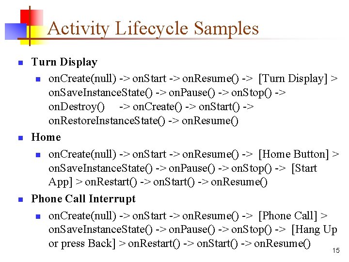 Activity Lifecycle Samples n n n Turn Display n on. Create(null) -> on. Start