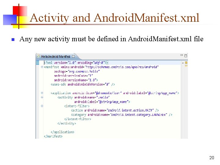 Activity and Android. Manifest. xml n Any new activity must be defined in Android.