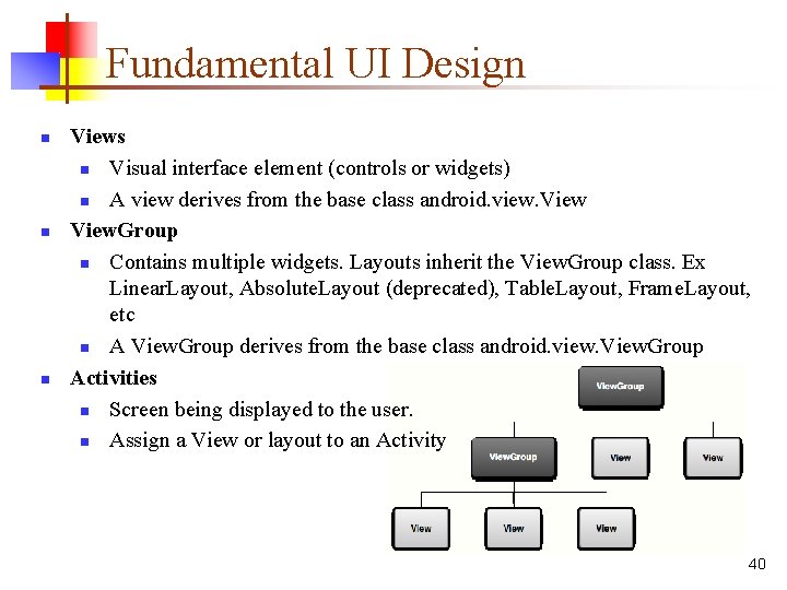 Fundamental UI Design n Views n Visual interface element (controls or widgets) n A