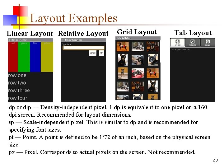 Layout Examples Linear Layout Relative Layout Grid Layout Tab Layout dp or dip —