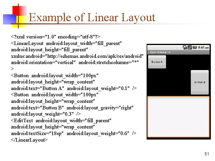 Example of Linear Layout <? xml version="1. 0" encoding="utf-8"? > <Linear. Layout android: layout_width="fill_parent"