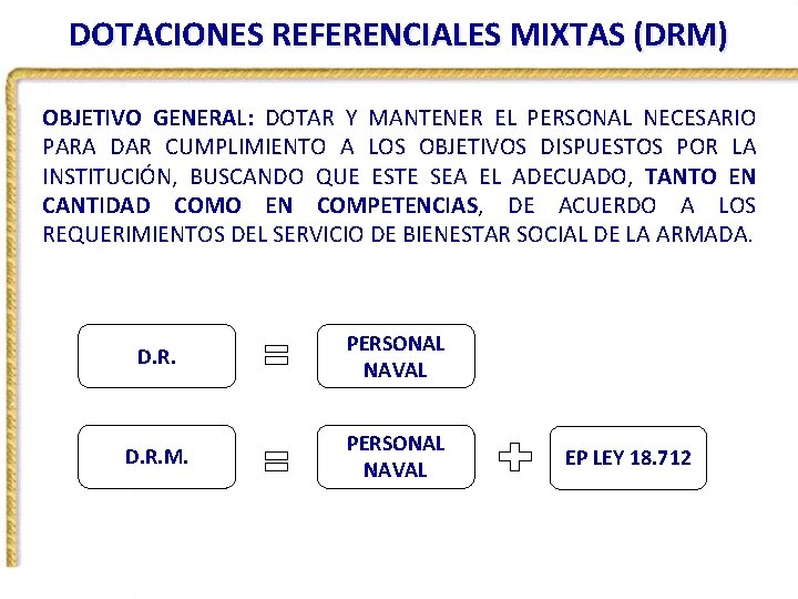 DOTACIONES REFERENCIALES MIXTAS (DRM) OBJETIVO GENERAL: DOTAR Y MANTENER EL PERSONAL NECESARIO PARA DAR