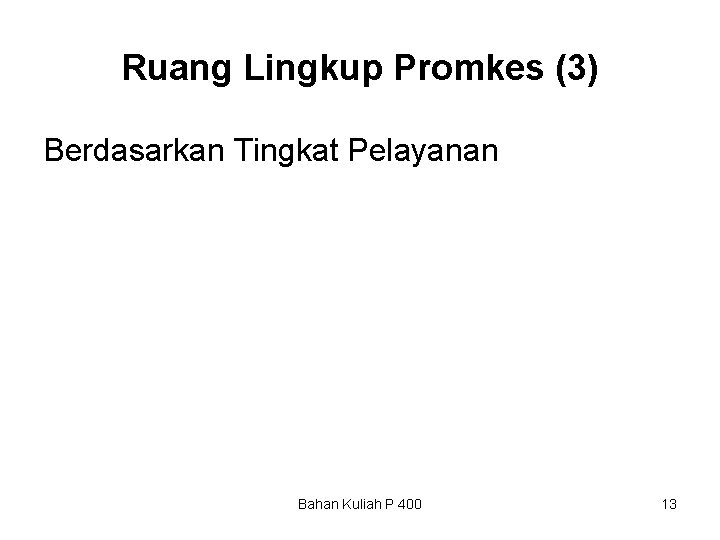 Ruang Lingkup Promkes (3) Berdasarkan Tingkat Pelayanan Bahan Kuliah P 400 13 