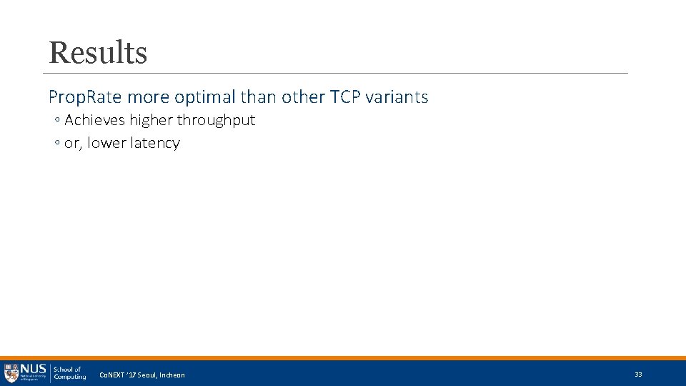 Results Prop. Rate more optimal than other TCP variants ◦ Achieves higher throughput ◦