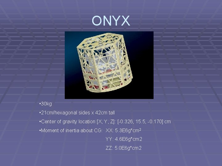 ONYX • 30 kg • 21 cm/hexagonal sides x 42 cm tall • Center